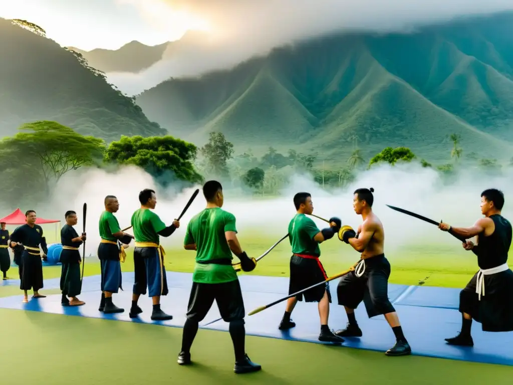 Entrenamiento de Eskrima al amanecer en campamento en Filipinas, entre montañas verdes y neblina matutina