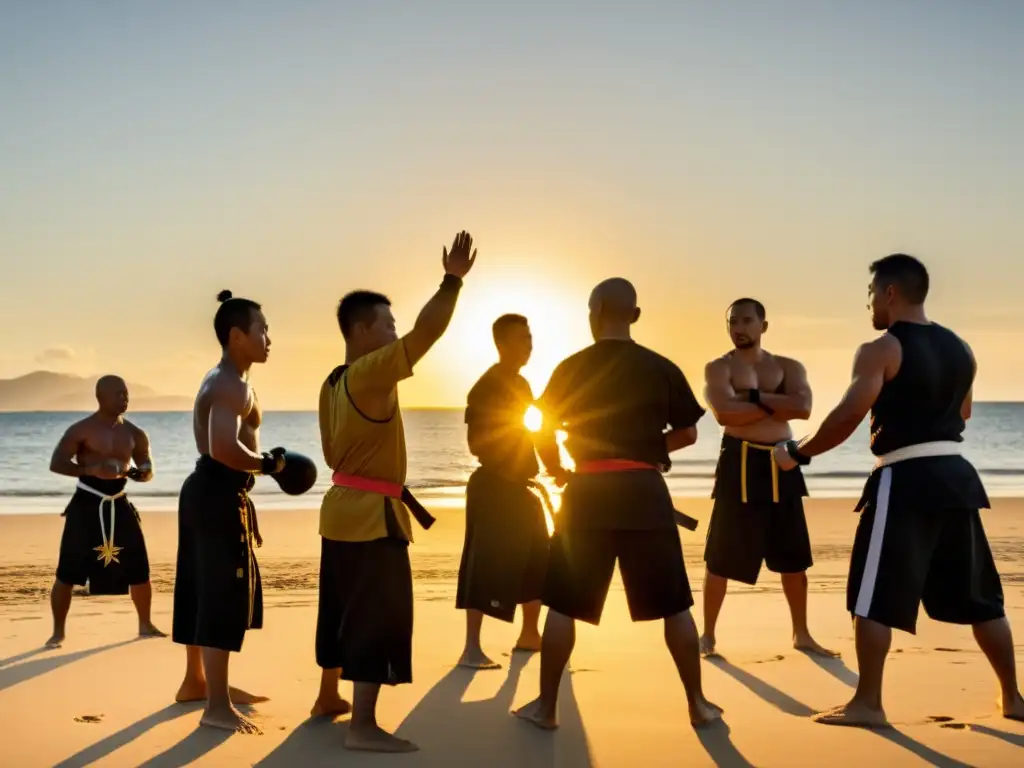 Entrenamiento de Eskrima al amanecer en una playa de Filipinas, con el mar de fondo