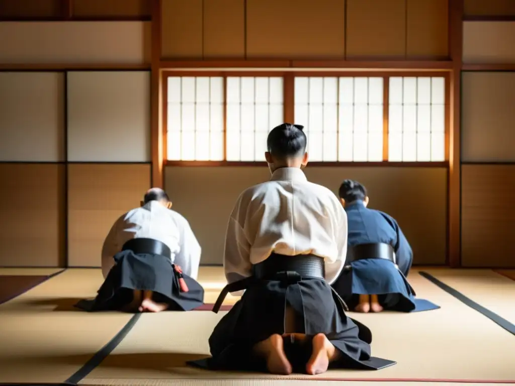 Entrenamiento y etiqueta en Jujutsu: Practicantes en gi blanco y cinturones negros se inclinan respetuosamente en un dojo sereno, con caligrafía japonesa y armas de madera