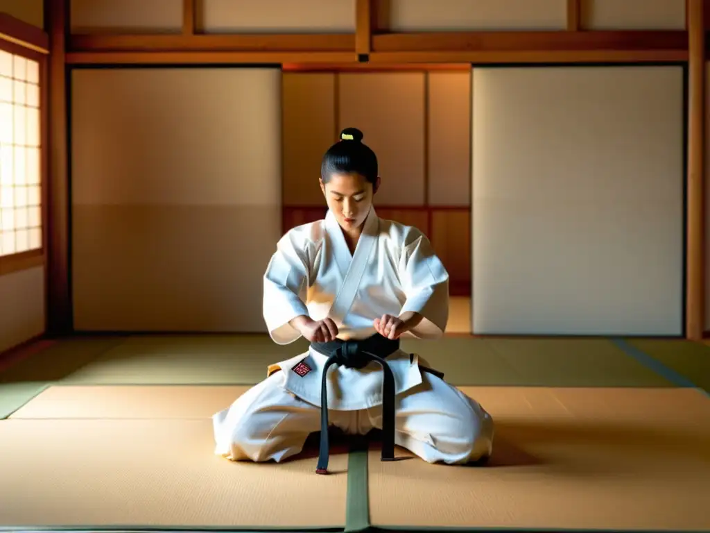 Entrenamiento físico y mental Aikido en un dojo sereno, con luz suave y disciplina palpable