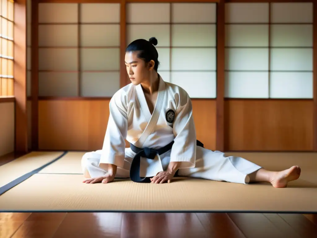 Entrenamiento físico y mental Aikido en un dojo sereno con luz natural y una atmósfera de serenidad disciplinada