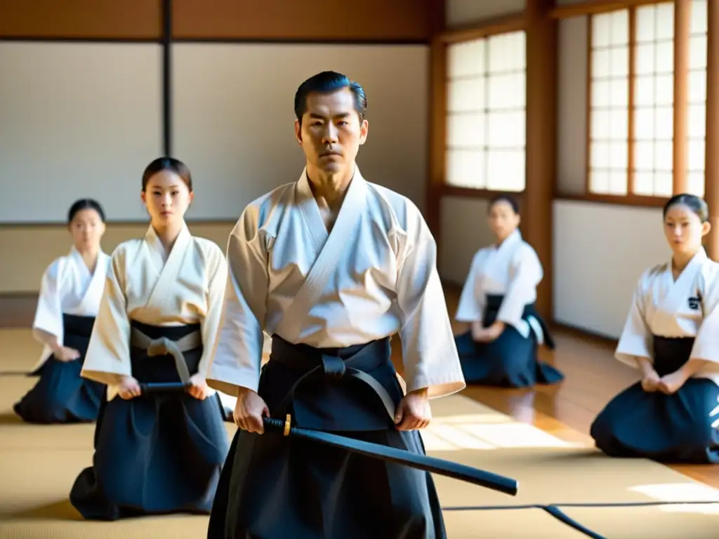 Entrenamiento físico y mental Aikido: Grupo de practicantes en uniformes blancos realizando ejercicios de calentamiento en un dojo iluminado por el sol, mostrando determinación y concentración bajo la guía del instructor