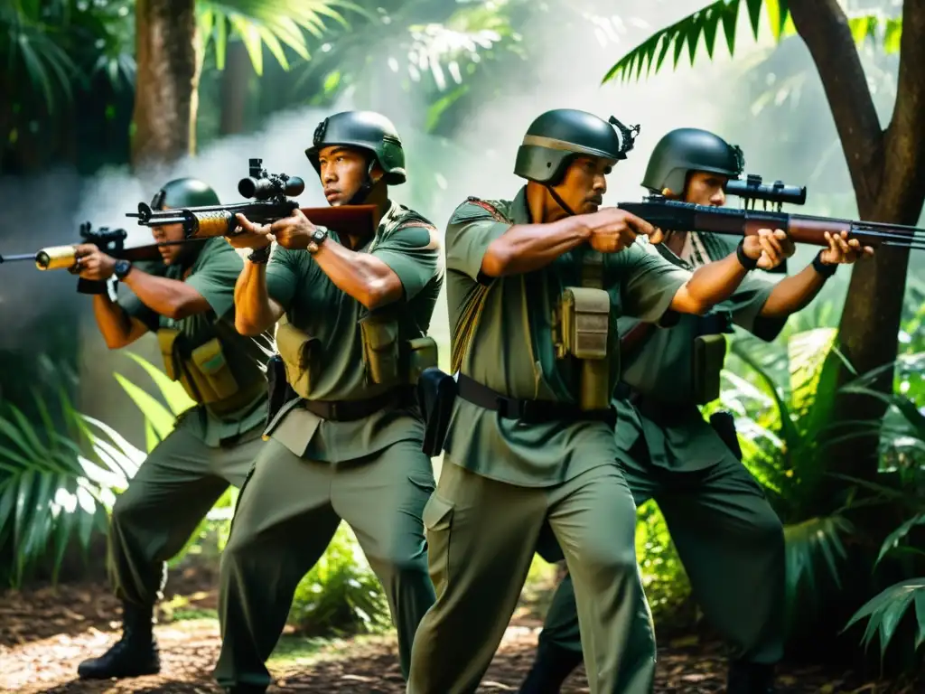 Entrenamiento de fuerzas especiales en Kali Filipino, soldados practicando en el bosque tropical con determinación y destreza