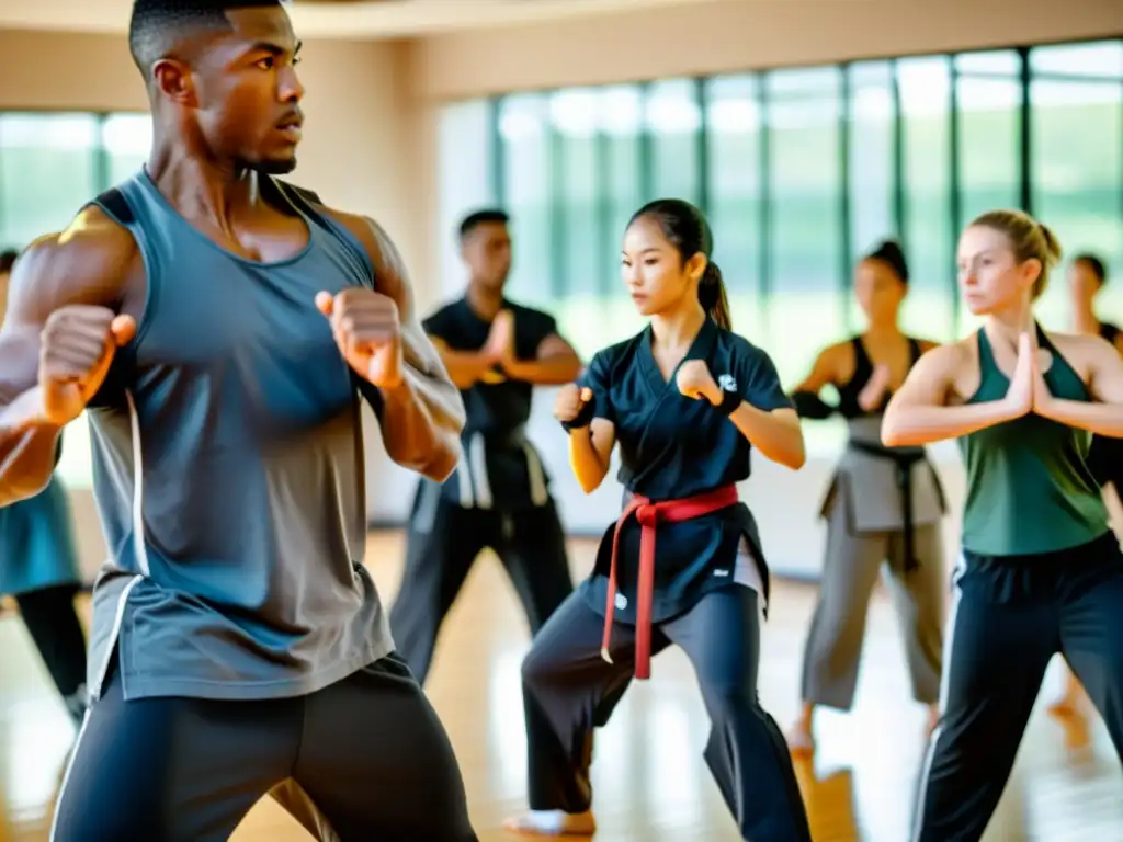 Entrenamiento funcional de artes marciales: instructor lidera a estudiantes en ejercicios intensos y funcionales, transmitiendo energía y disciplina