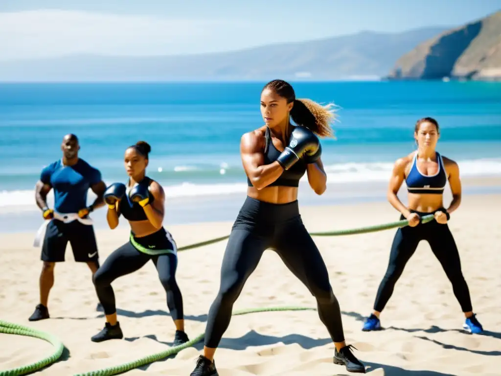 'Entrenamiento funcional para artistas marciales competitivos en una playa soleada, con músculos tensos y determinación en sus rostros