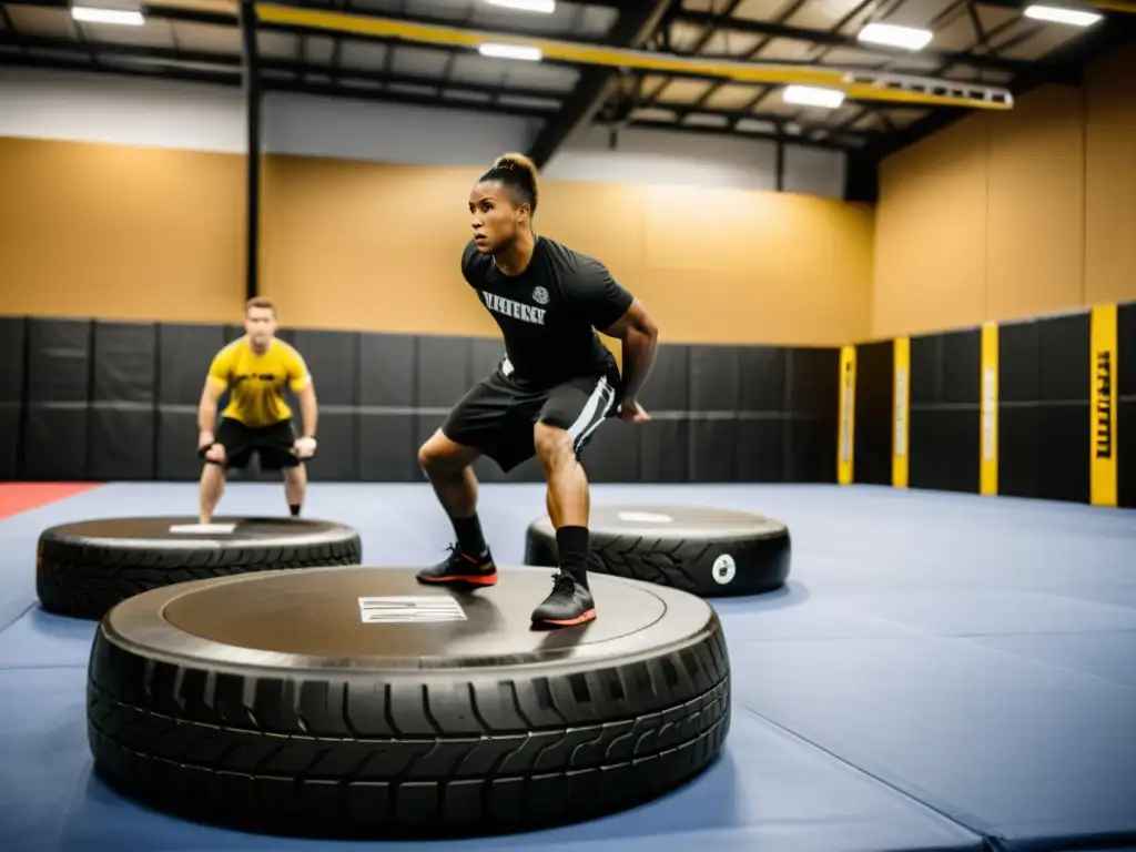 Entrenamiento funcional para artistas marciales competitivos en una intensa sesión de entrenamiento en un moderno gimnasio