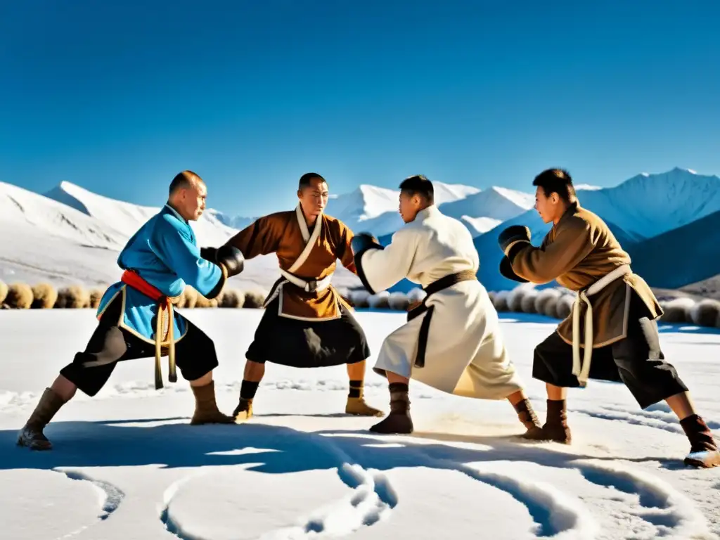 Entrenamiento de guerreros mongoles en artes marciales rusas con paisaje de montañas nevadas y cielo azul