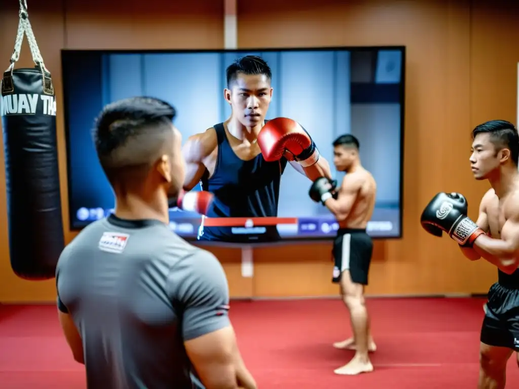 Entrenamiento intensivo Muay Thai online con instructor y estudiantes enfocados en una plataforma virtual interactiva