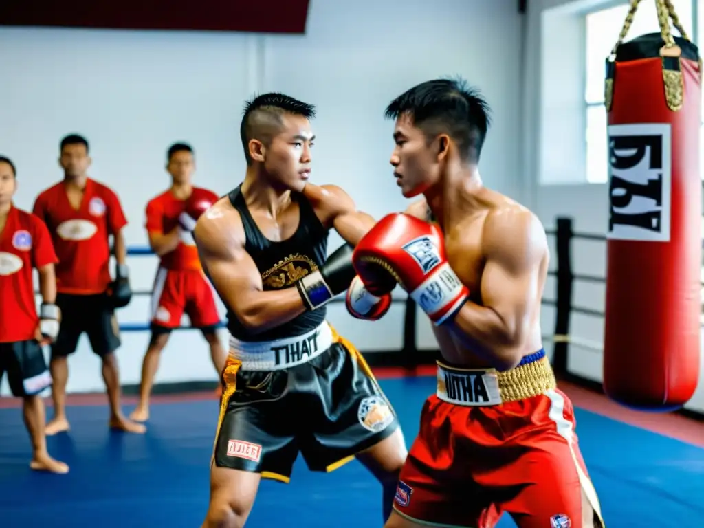 Entrenamiento intensivo Muay Thai online: Instructores y estudiantes se enfocan en demostración de técnicas en vestimenta tradicional tailandesa