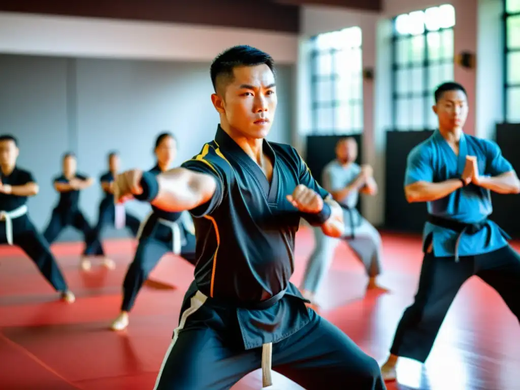 Entrenamiento intenso de acondicionamiento físico para artes marciales en un tradicional salón de kung fu, con estudiantes y instructor dedicados