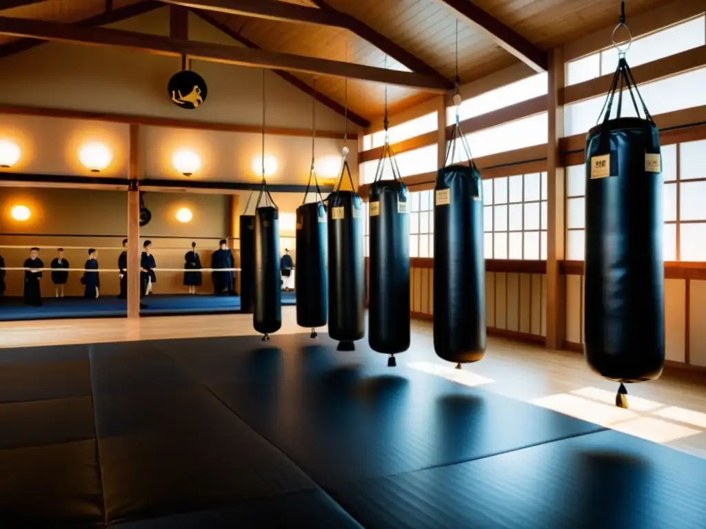 Entrenamiento intenso de artes marciales en un dojo tradicional con estudiantes dedicados y un instructor experto