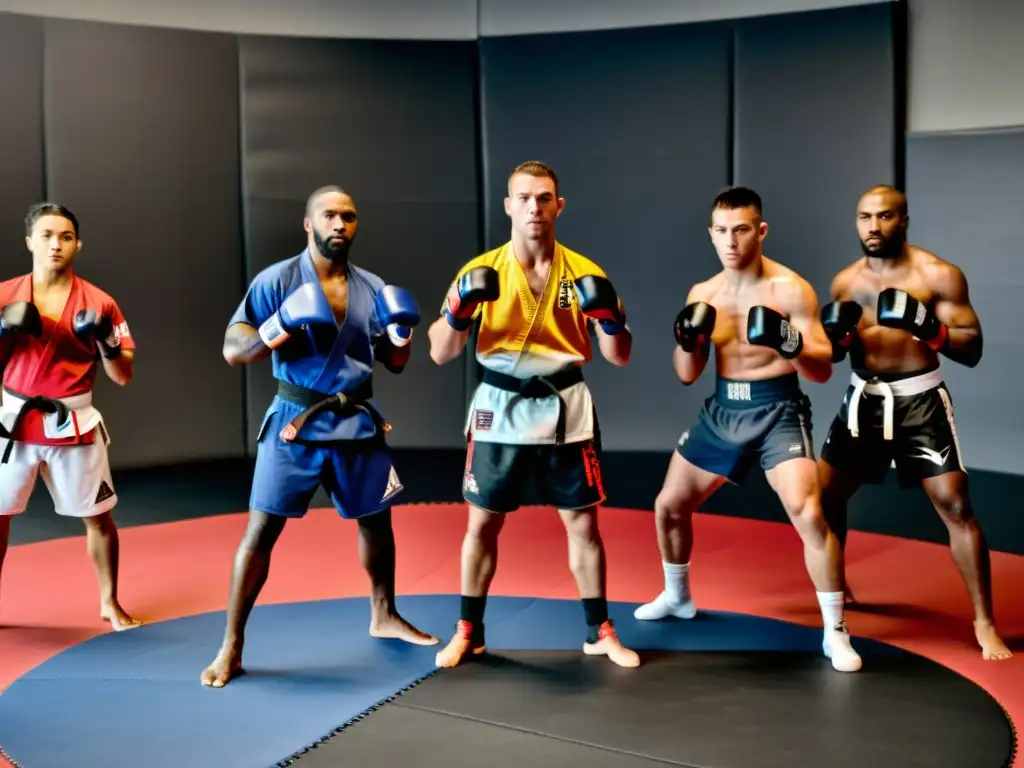 Entrenamiento intenso de artes marciales con diversidad de colores en la ropa, destacando significado colores ropa entrenamiento artes marciales