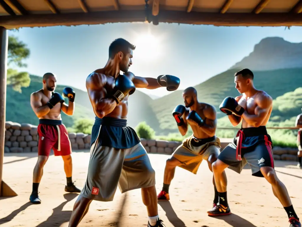 Entrenamiento intenso de Pankration en campamento, atletas luchando al aire libre con determinación y sudor