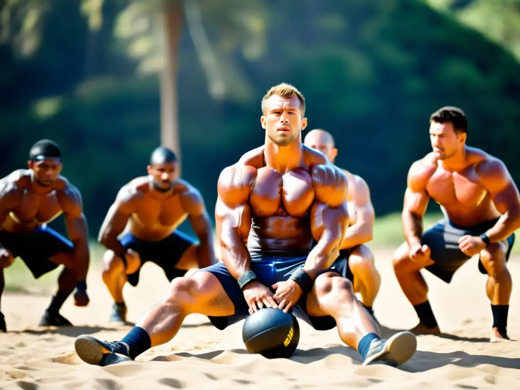 Entrenamiento intenso de Pankration en campamento, atletas sudorosos y determinados bajo el sol, expresiones enfocadas y paisaje natural vibrante