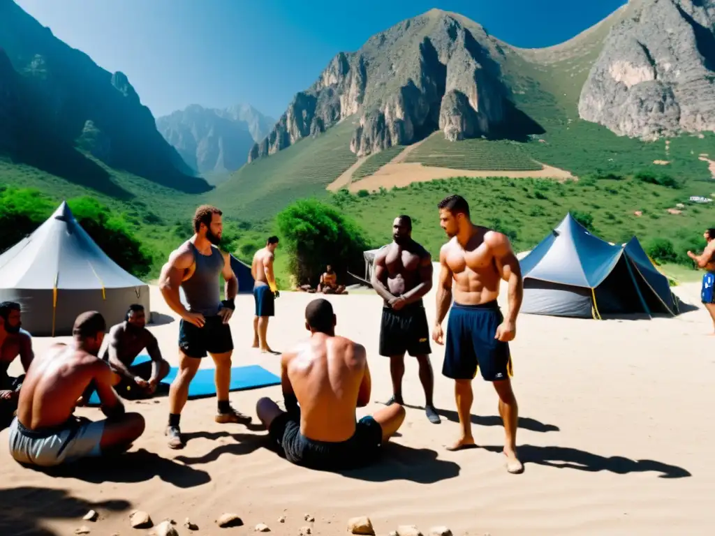 Entrenamiento intenso en campamento de Pankration: atletas determinados bajo el sol, montañas al fondo y un coach guiando la preparación