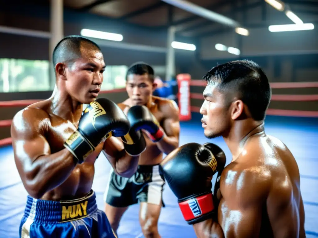 Entrenamiento intenso de clinch en una clínica de Muay Thai, con luchadores sudorosos y determinados