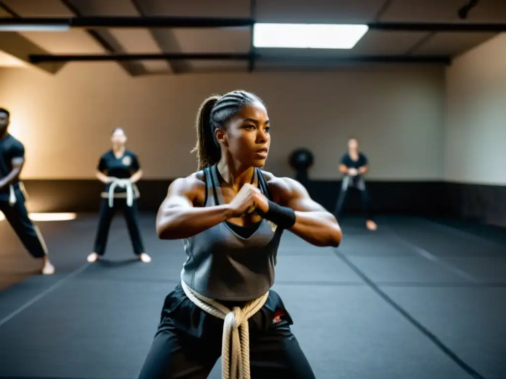 Entrenamiento intenso con cuerda de batalla para entrenamientos en un gimnasio oscuro y lleno de energía