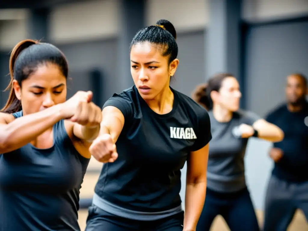 Un entrenamiento intenso de Krav Magá en un entorno urbano, simbolizando la determinación y empoderamiento