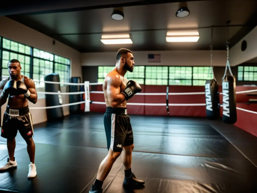 Entrenamiento intenso en un gimnasio de MMA, con luchadores en acción y un entrenador dando instrucciones