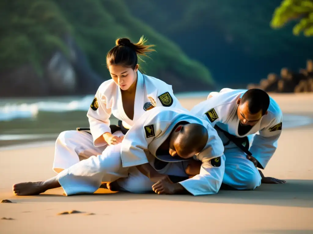 Entrenamiento intenso de JiuJitsu en las costas soleadas de Brasil, con movimientos precisos y energía palpable