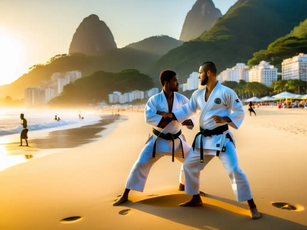 Entrenamiento intenso de JiuJitsu en la playa de Copacabana, Rio de Janeiro, con el sol matutino y el paisaje impresionante de Brasil