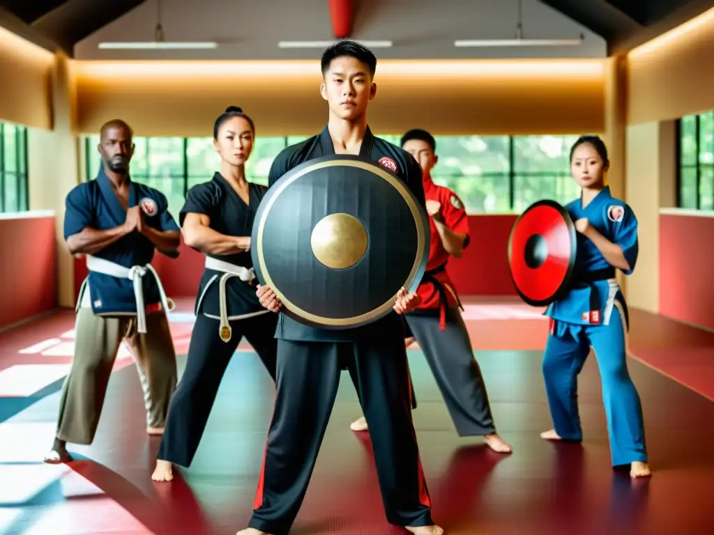 Entrenamiento intenso con los mejores escudos de golpeo para artes marciales en un gimnasio espacioso y bien iluminado