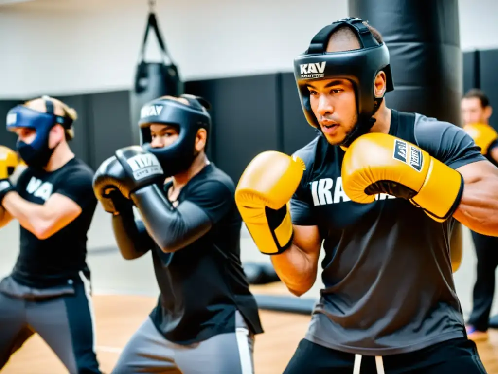 Entrenamiento intenso de Krav Maga con los mejores escudos de entrenamiento Krav Magá en un estudio espacioso y bien iluminado