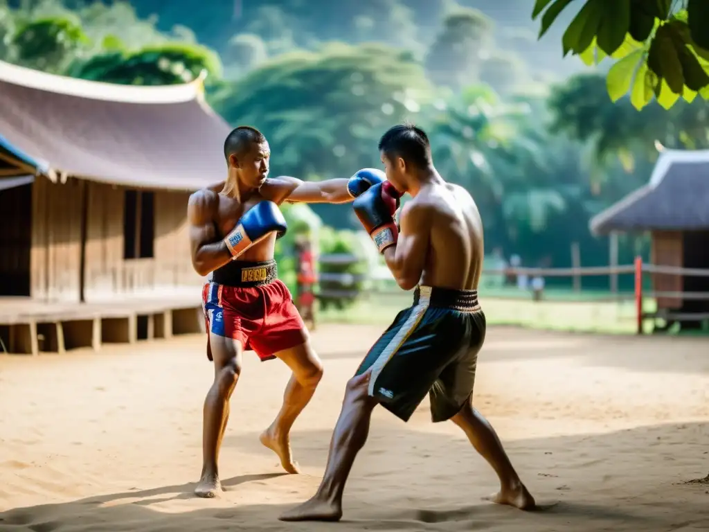 Entrenamiento intenso de Muay Thai en Tailandia, rodeado de naturaleza y arquitectura tradicional