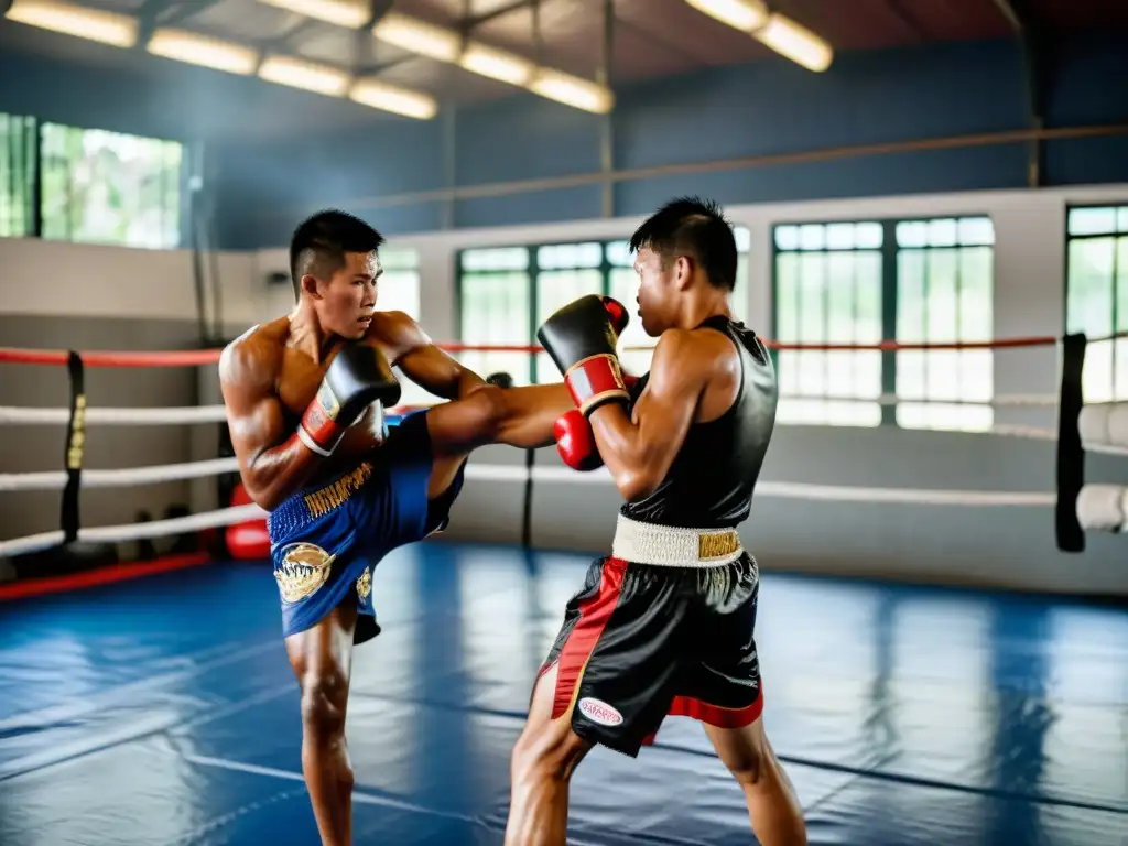 Entrenamiento intenso de Muay Thai en Tailandia: luchadores sudorosos se esfuerzan en el gimnasio, mientras el entrenador les guía