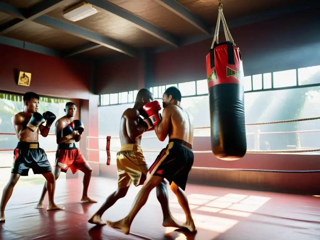 Entrenamiento intenso de Muay Thai en un gimnasio tradicional tailandés, consejos preparación física Muay Thai