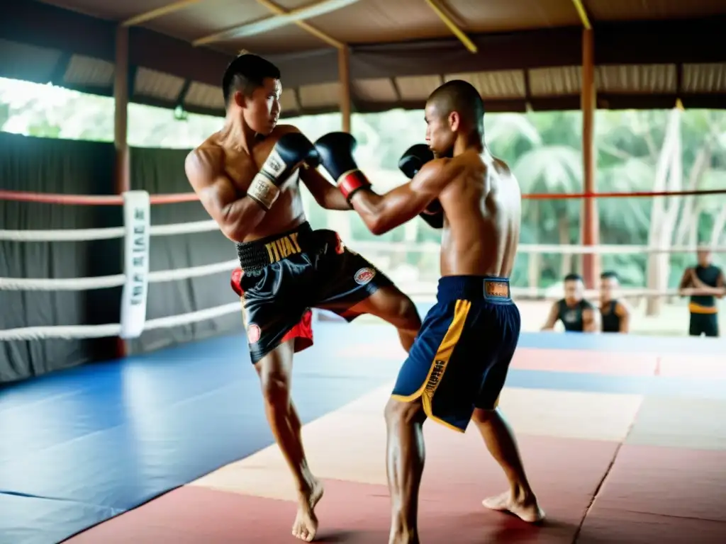 Entrenamiento intenso de Muay Thai en un campamento tradicional en Tailandia, mostrando la disciplina y técnicas del deporte