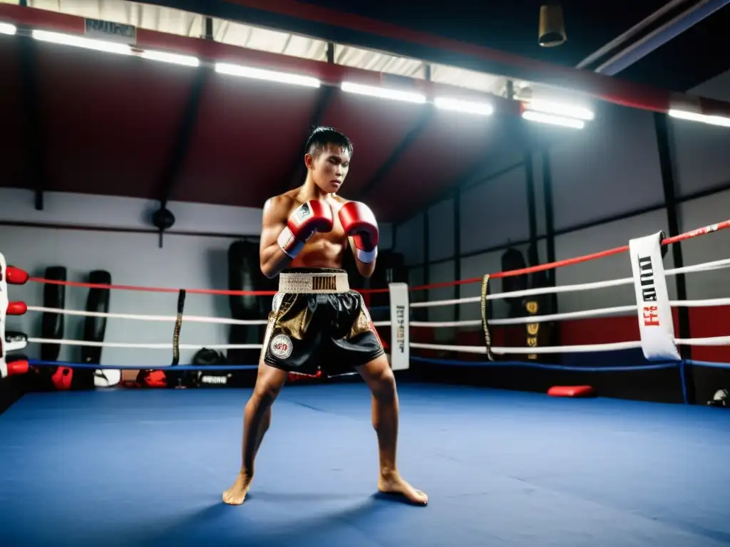 Entrenamiento intenso de Muay Thai con equipamiento evolución Muay Thai en un gimnasio tradicional, mostrando dedicación y espíritu