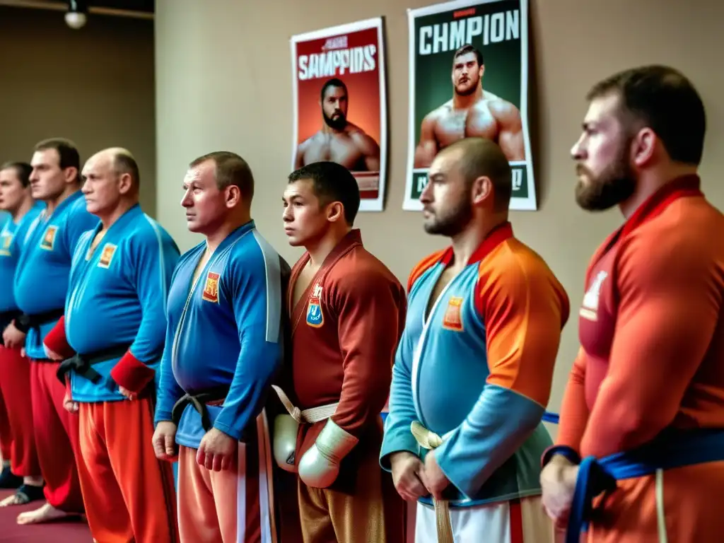 Entrenamiento intenso de sambo en un gimnasio ruso, reflejando la camaradería y dedicación de los campamentos de sambo en Rusia