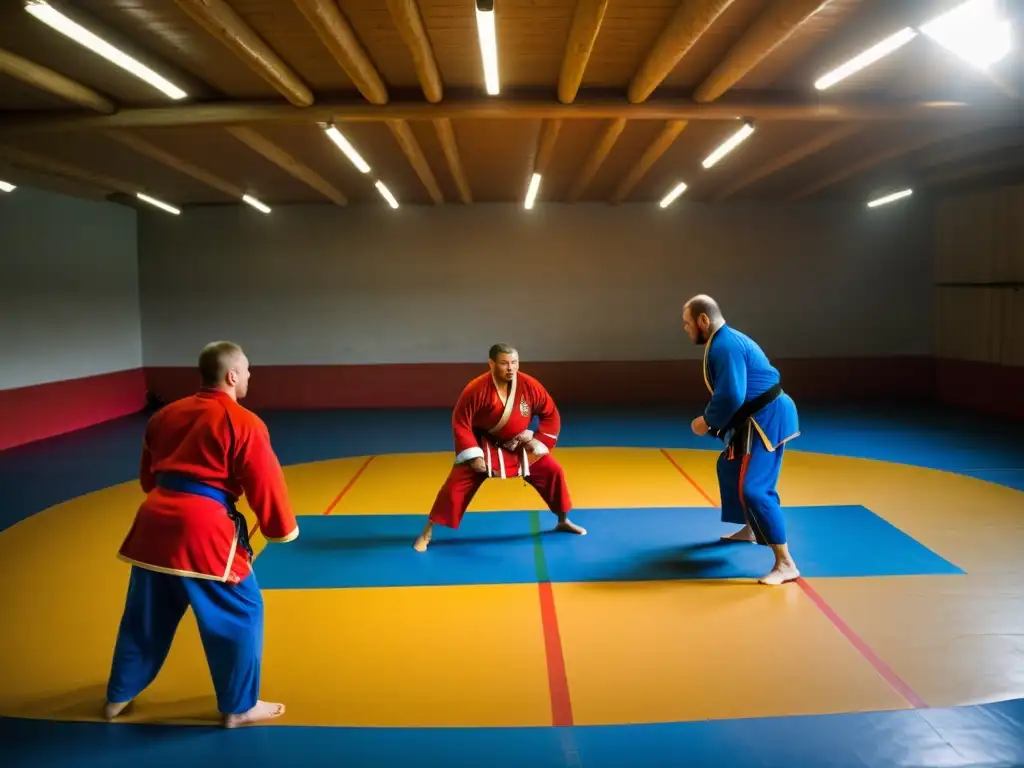 Entrenamiento intenso de sambo en un pintoresco pueblo ruso al atardecer