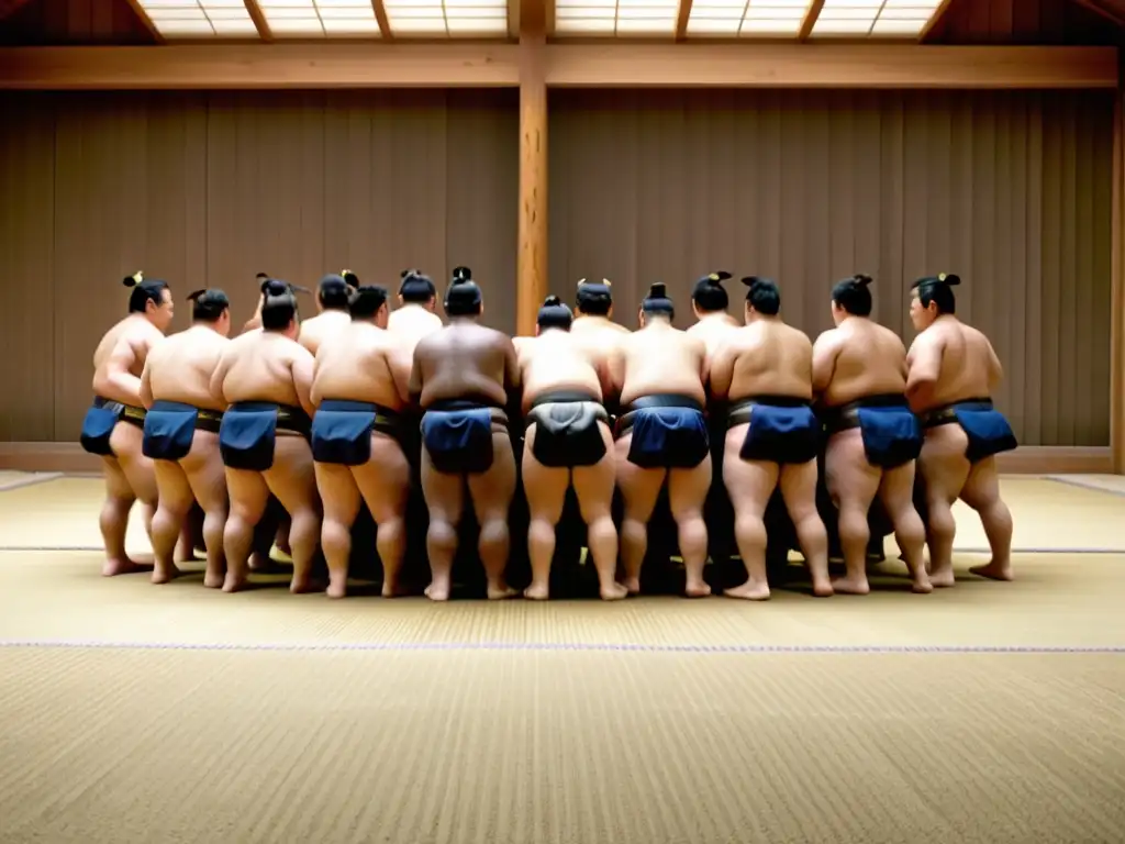 Entrenamiento intenso de Sumo en un dojo tradicional, con wrestlers dedicados y respeto por la tradición