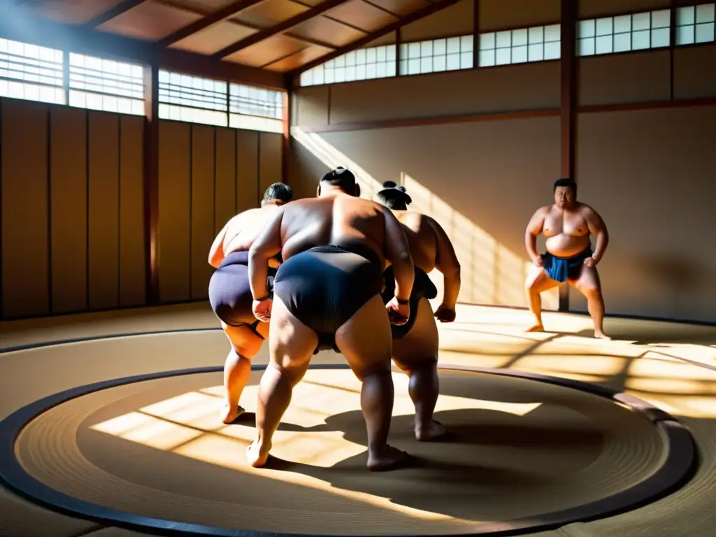 Entrenamiento intenso de sumo en un establo tradicional, con luz matutina y sombras dramáticas