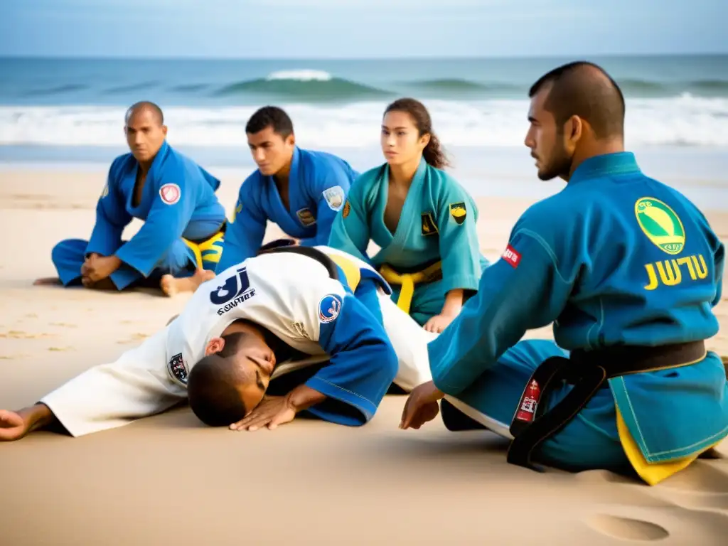 Entrenamiento de JiuJitsu Brasileño en la playa, mostrando la expansión global del deporte