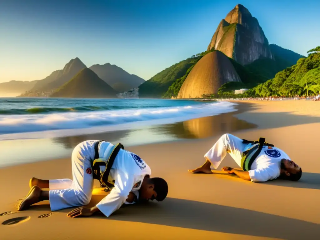 Entrenamiento de JiuJitsu Brasileño al amanecer en las playas de Río, con el icónico Pan de Azúcar al fondo