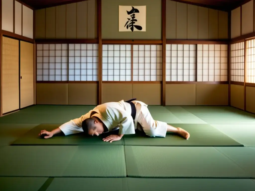 Entrenamiento de judo en un dojo japonés, reflejando la influencia del judo en Japón con su atmósfera serena y enfocada, practicantes y sensei