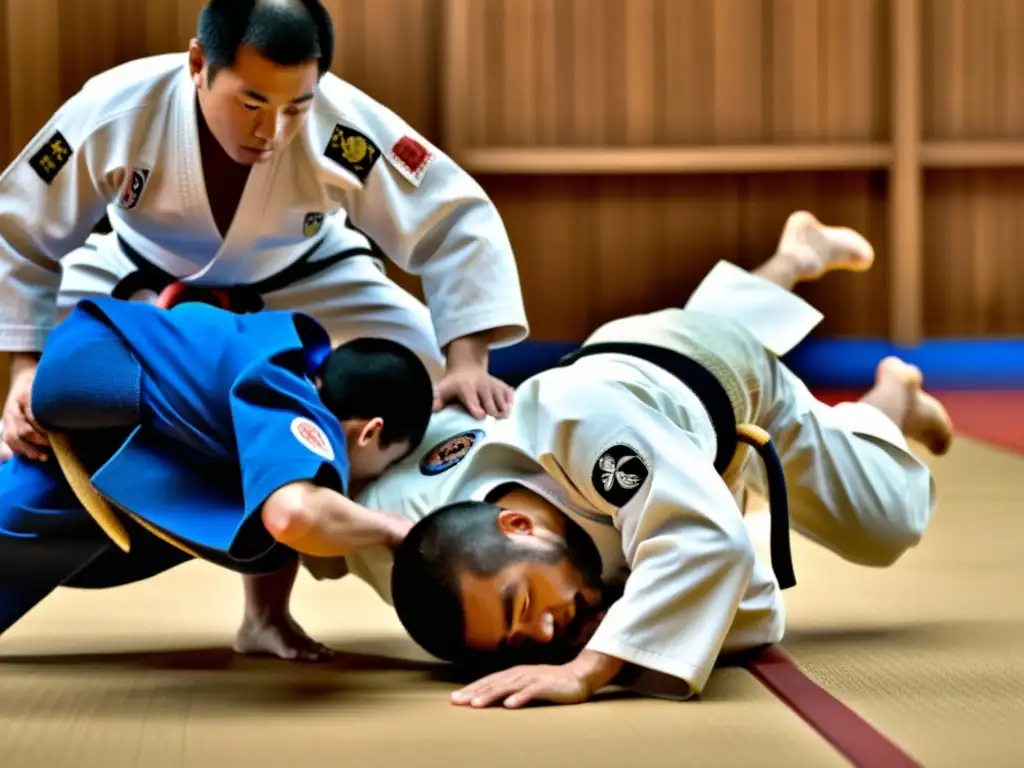 'Entrenamiento de judo en un dojo tradicional de Tokio, donde el maestro perfecciona técnicas junto a sus dedicados estudiantes