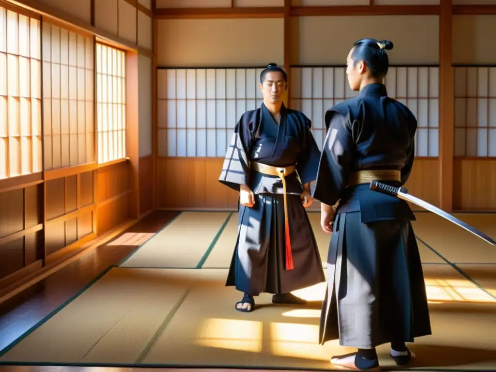 Entrenamiento de kendo en dojo sereno con luz solar, reflejos en el suelo de madera pulida y practicantes con trajes tradicionales