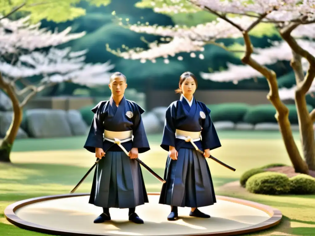 Entrenamiento de kendo en un jardín japonés con practicantes dedicados