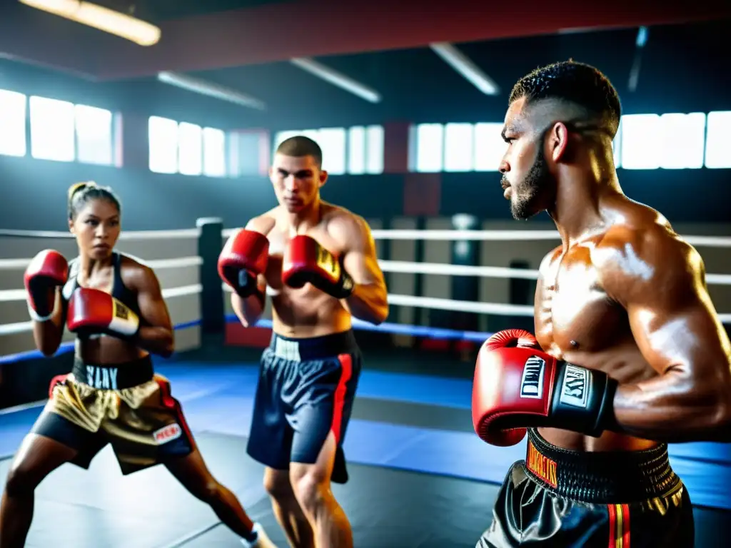 Entrenamiento de kickboxing con almohadillas de alta calidad en un gimnasio con ambiente tenue