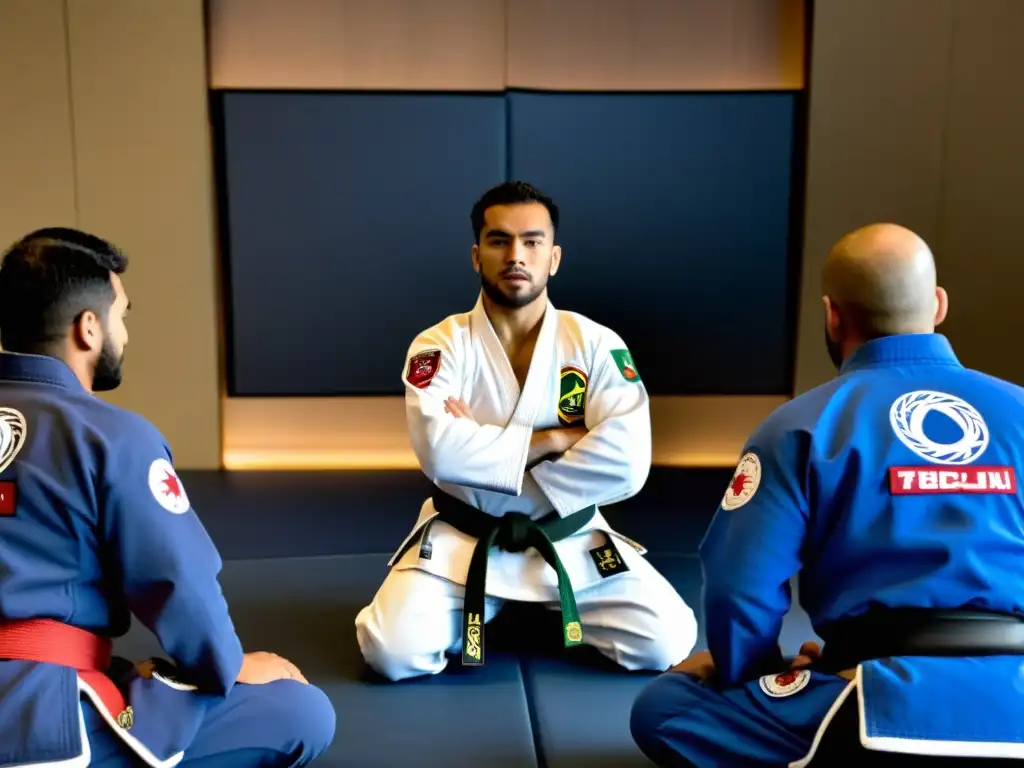 Entrenamiento en línea de JiuJitsu Brasileño: Practicantes con gi ejecutan precisos movimientos bajo la guía apasionada de un maestro reconocido