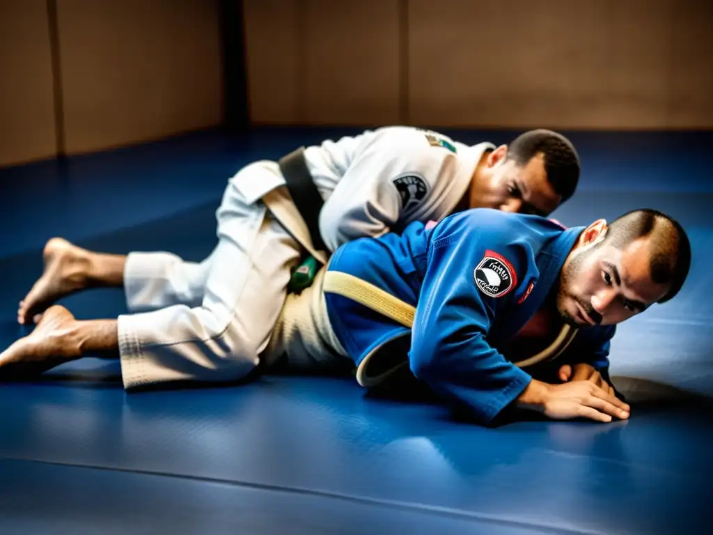 Entrenamiento en línea de JiuJitsu Brasileño: Practicantes dedicados perfeccionando técnicas en un ambiente intenso y disciplinado