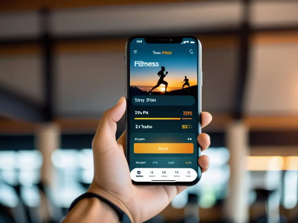 Transformación del entrenamiento marcial con apps: Imagen de pantalla de smartphone con app de fitness y ambiente dinámico de gimnasio