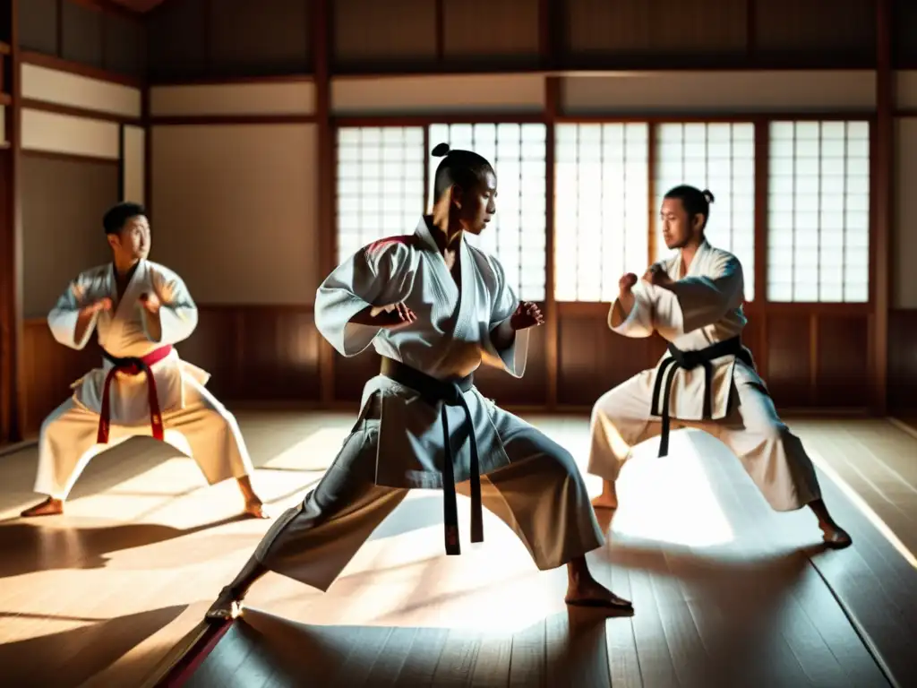 Entrenamiento marcial con música y danza: Practicantes en dojo tradicional, movimientos precisos y poderosos, expresiones de concentración y pasión