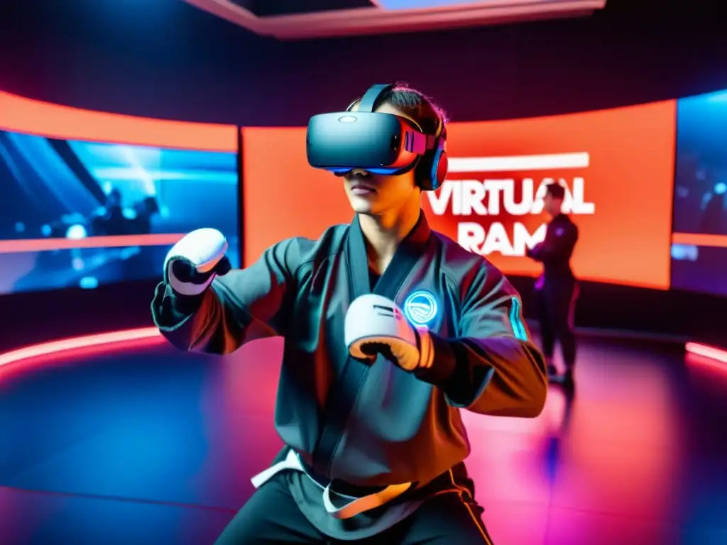 Entrenamiento marcial realidad virtual: Instructor guía estudiante en sala futurista con luces neón y tecnología, practicando con determinación