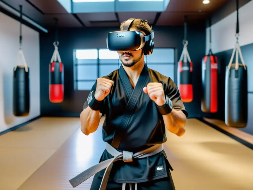 Entrenamiento marcial realidad virtual: Practicante en dojo virtual, movimientos precisos entre tecnología y tradición