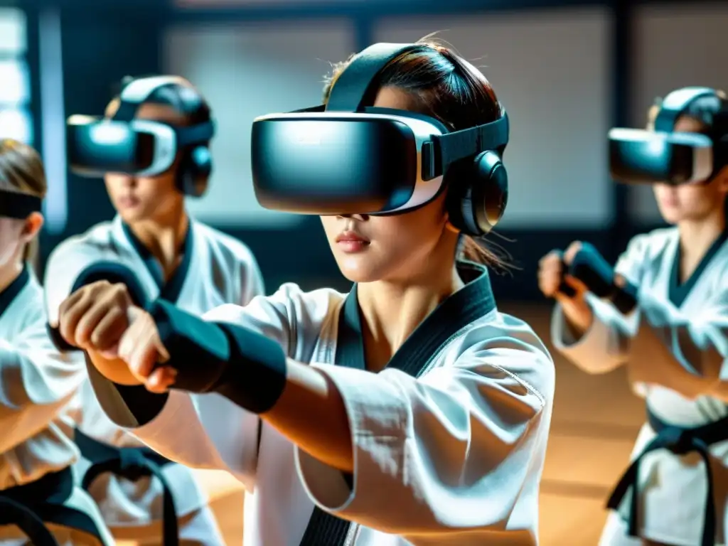 Entrenamiento marcial realidad virtual: Instructor y estudiantes concentrados en un dojo tradicional con toque futurista